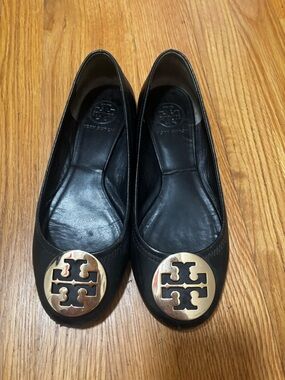 Tory Burch Black Leather Ballet Flats with Gold Logo Medallions